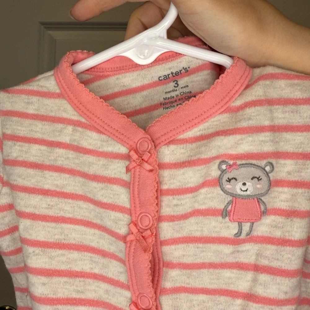 Carter's‎ Baby Girl Pink Striped Bear Footed Pajamas Size 3 Months
